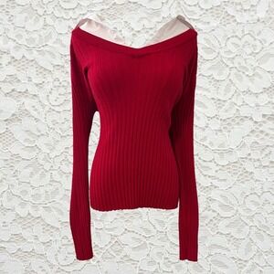 vintage office‎ siren red fitted sweater top with button down collar underneath